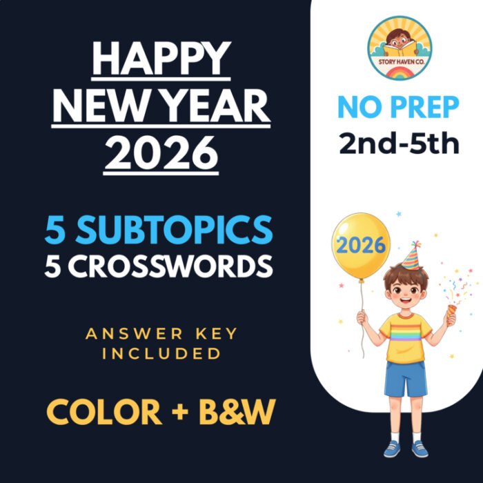 Happy New Year 2026 crossword puzzles for Grades 2-5 – cover