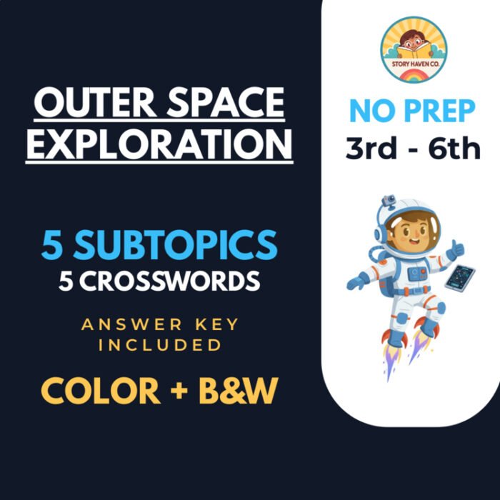 Outer Space Exploration crossword & coloring activities for Grades 3-6 – cover