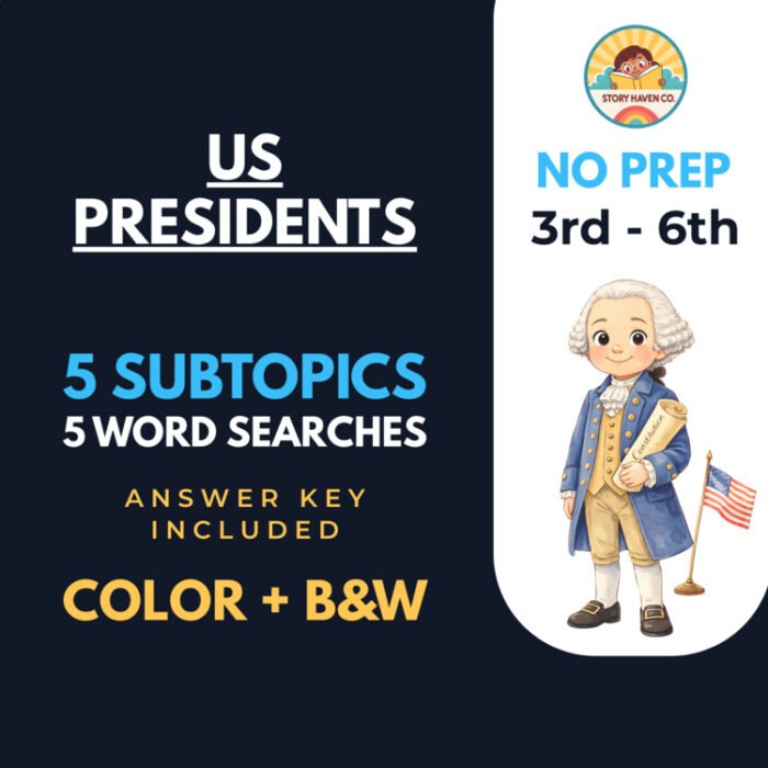 US Presidents word search & coloring activities for Grades 3-6 – cover
