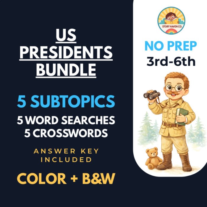 US Presidents word search & crossword bundle for Grades 3-6 – cover
