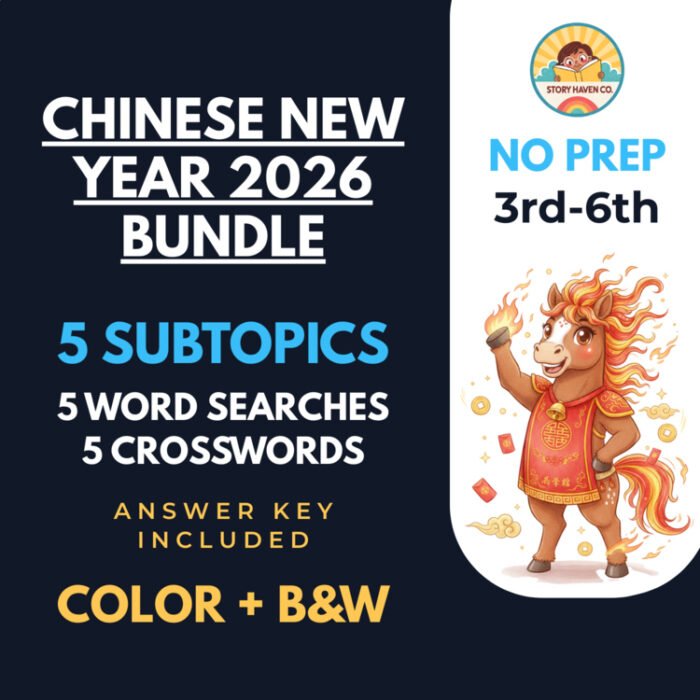 Chinese New Year 2026 word search & crossword bundle for Grades 3-6 – cover
