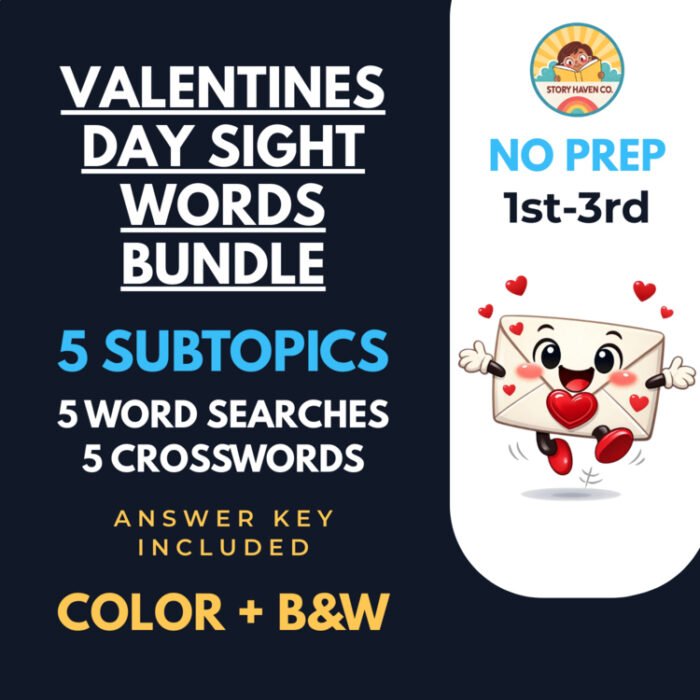 Valentines Day Sight Words word search & crossword bundle for Grades 1-3 – cover