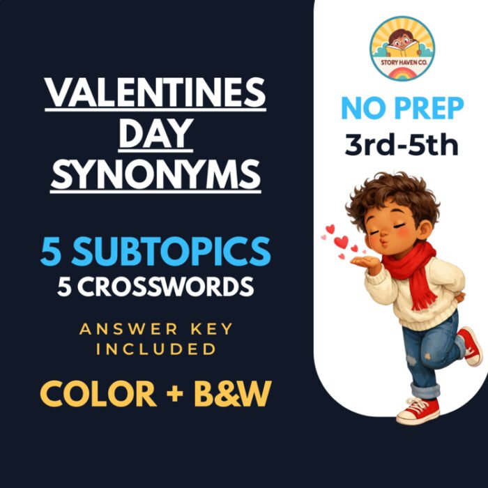 Valentine's Day Synonyms crossword puzzles for Grades 3-5 – cover
