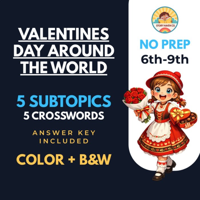 Valentine's Day Around The World crossword puzzles for Grades 6-9 – cover