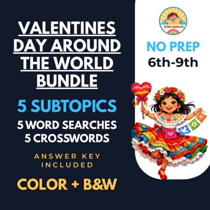 Valentine's Day Around The World word search & crossword bundle for Grades 6-9 – cover