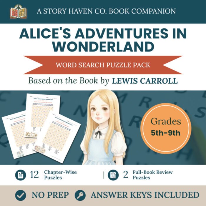 Alice's Adventures in Wonderland word search for Grades 5-9 – cover